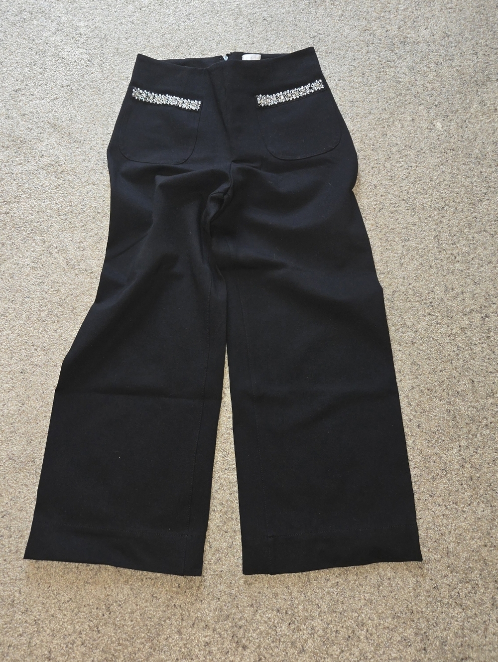 Maeve Black Wide-Leg Pants with Crystal Pocket Trim